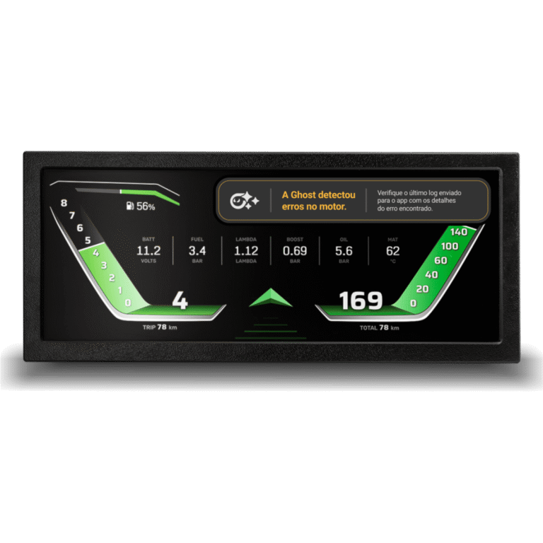 Painel digital Ghost Smart OBD2 mostrando alerta de erro no motor detectado via OBD2