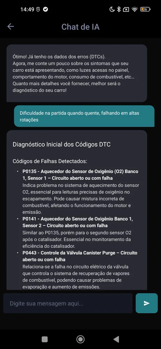 Chat com inteligência artificial do app Ghost SmartOBD2 explicando códigos de falha do motor