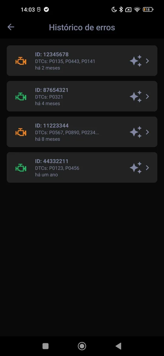 Histórico de códigos de erro OBD2 registrados no app Ghost SmartOBD2