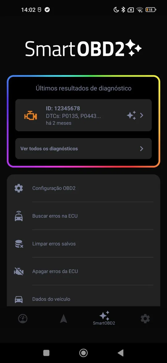 App Ghost SmartOBD2 mostrando os últimos resultados de diagnóstico do veículo